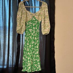 RIXO Floral Green and Cream Dress